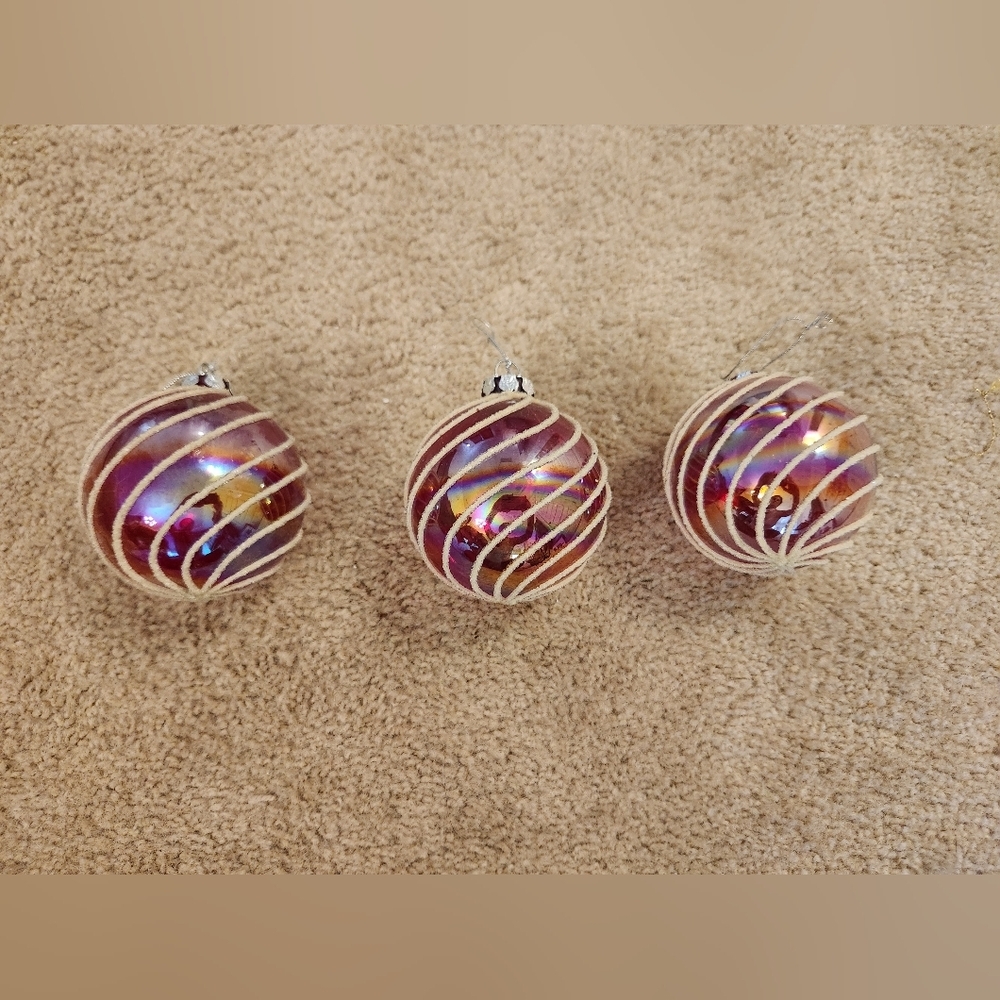 Carnival Art Blown Glass Christmas Ball Ornaments Red Swirl White Set Of 3 READ